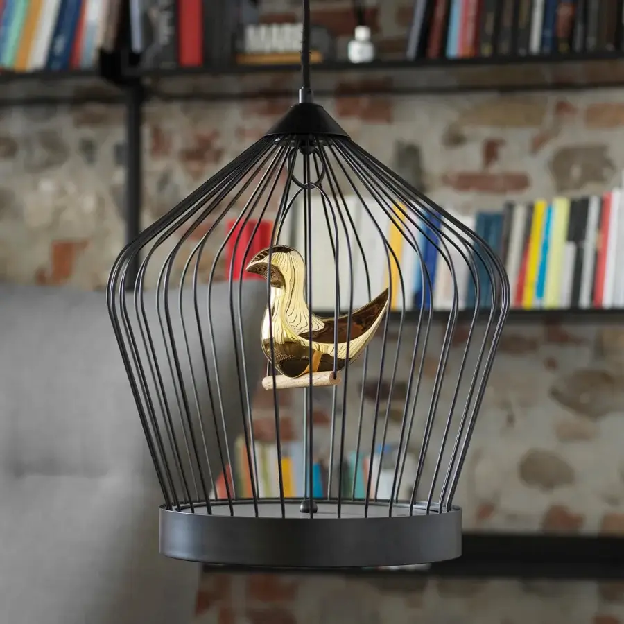 Exceptional Casamania Twee T suspension lamp with a black painted metal rod cage and 24-carat gold plated ceramic bird within
