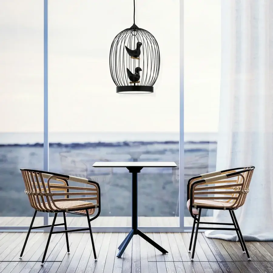 Distinguished Casamania Raphia suspension lamp crafted in black metal with two bird figures within a minimalist cage structure