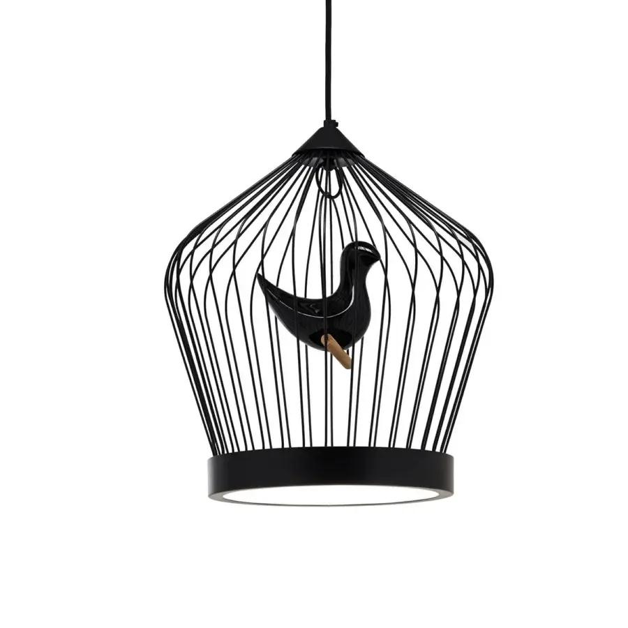 Elegant Casamania Twee T suspension lamp with a cage-like structure and hand-decorated ceramic bird in glossy black painted metal