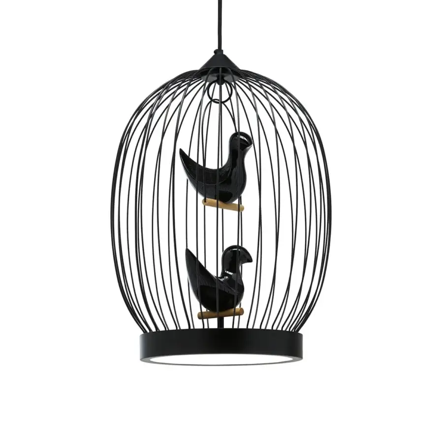 Superior Casamania Twee T suspension lamp with a birdcage-like structure crafted in black painted metal and hand-decorated ceramic birds