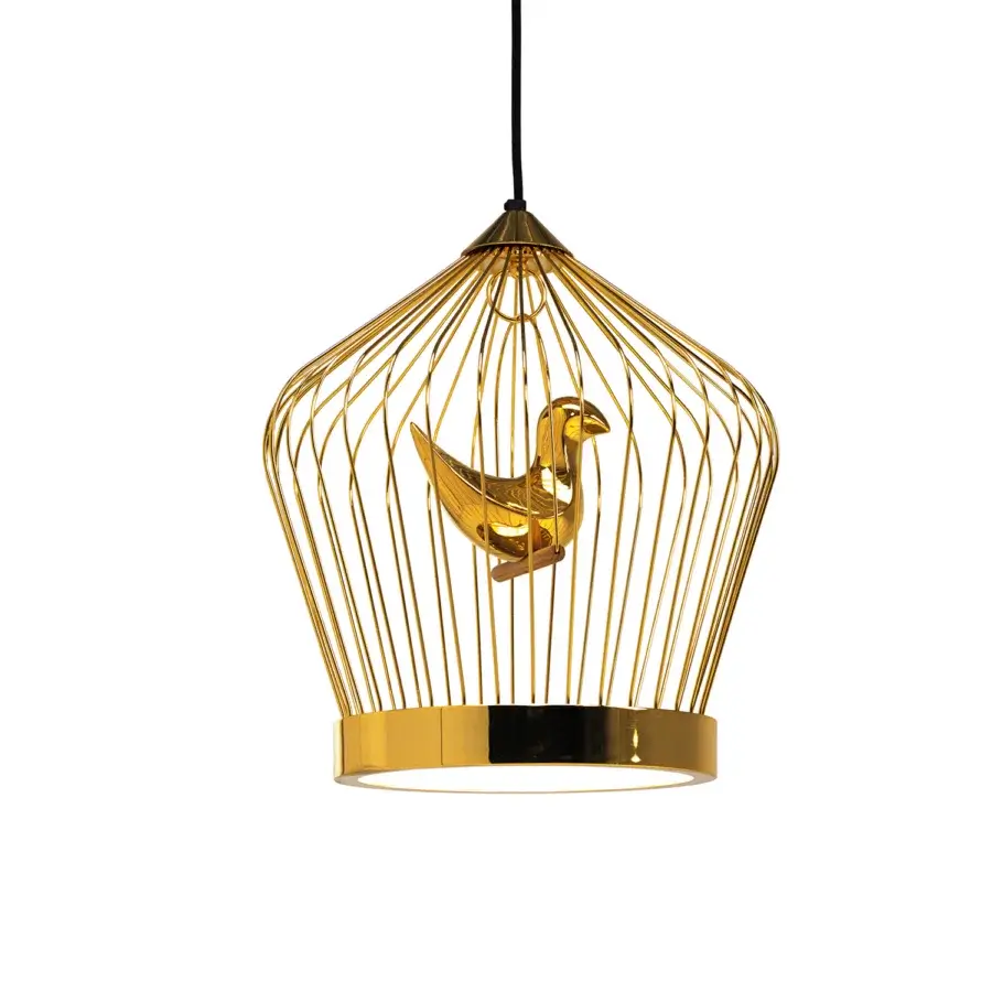 Distinguished Casamania Twee T suspension lamp with a metal birdcage built in 24 carat gold and hand-decorated ceramic bird within