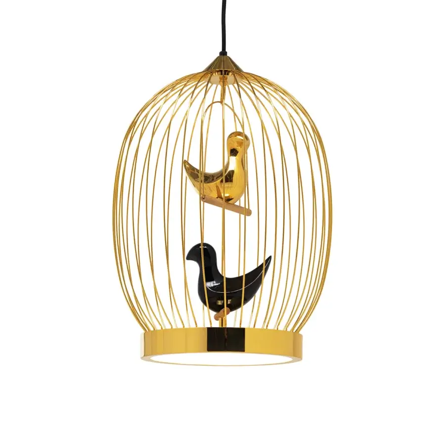 Exquisite Casamania Twee T suspension lamp with a 24 carat gold plated metal birdcage and hand-decorated ceramic birds within
