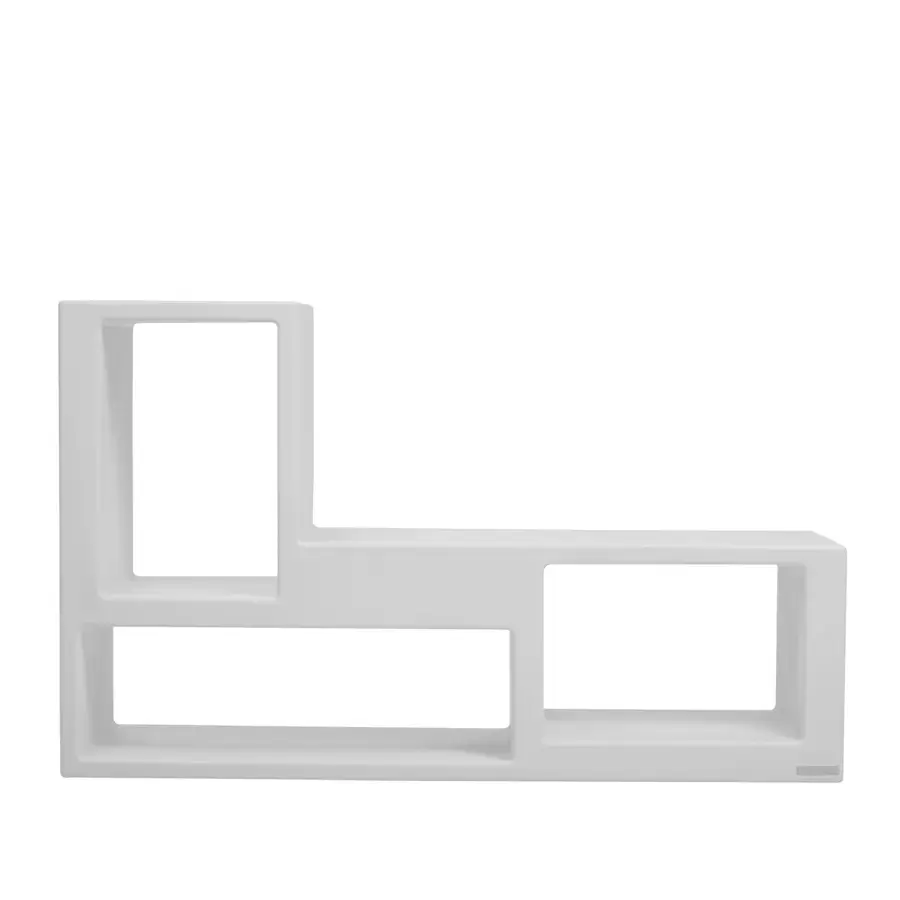 Elegant Casamania Urban Bookcase shelving crafted in matte white polyethylene with a geometric ‘L’ shaped form