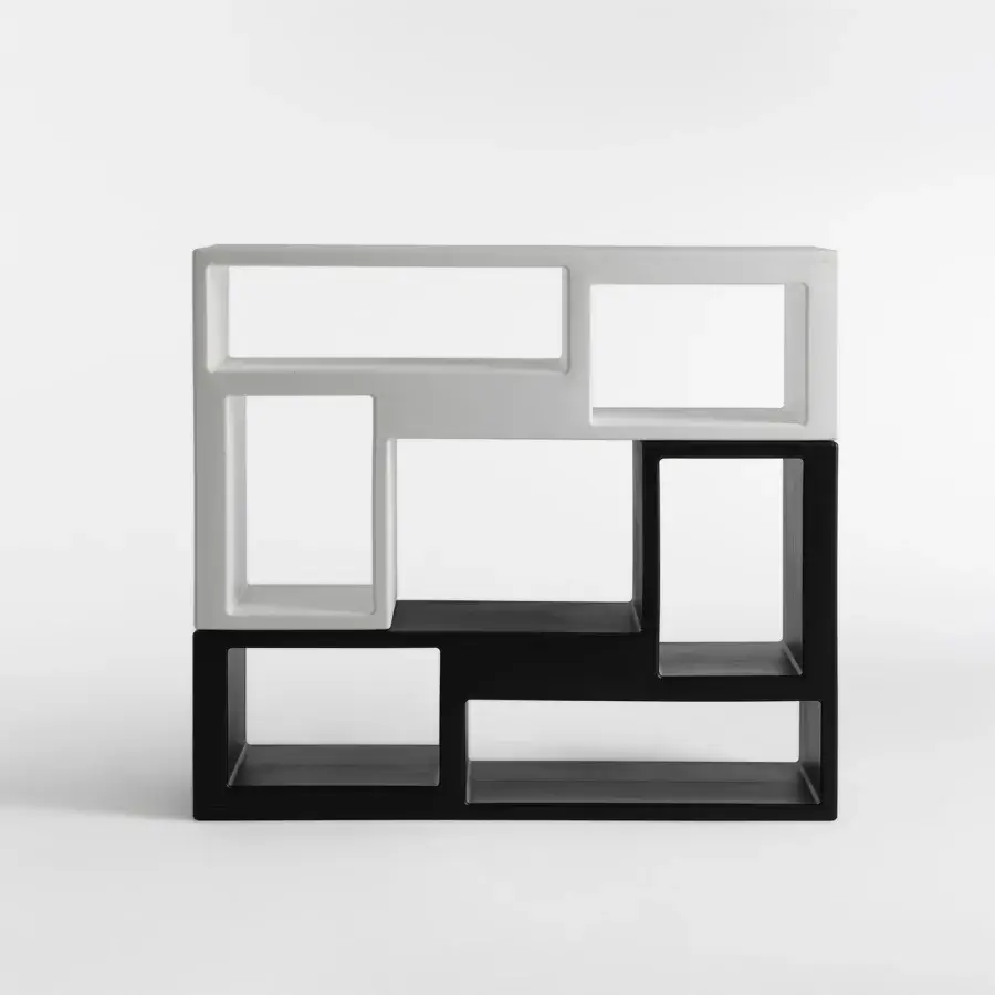 Superior Casamania Urban Bookcase shelving built in matte white and matte black polyethylene with interconnected compartments