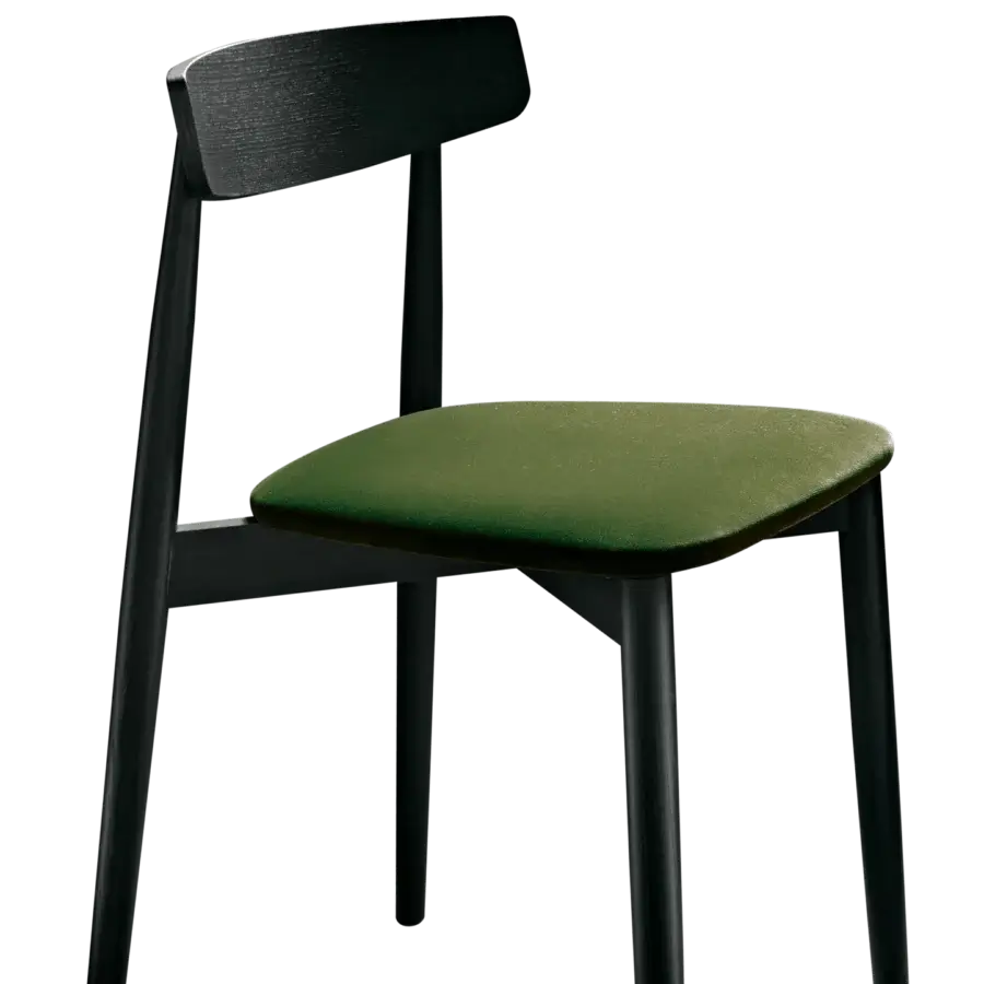 Distinguished Miniforms Claretta chair with olive green textile upholstery and dark wood frame crafted in Italy