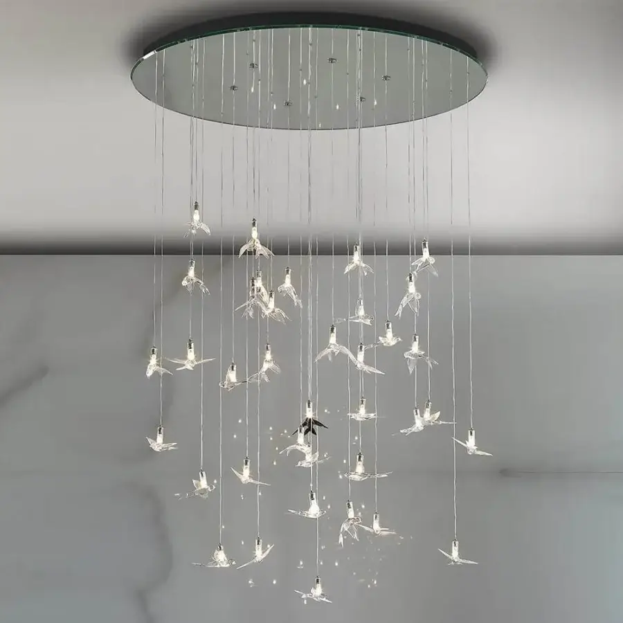 Exclusive Reflex Rondini suspension lamp with transparent Murano glass swallow pendants and mirrored support