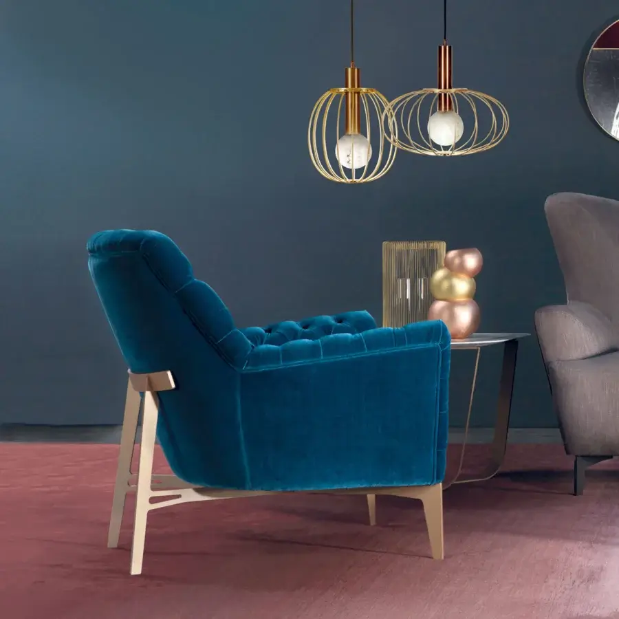 Lavish Borzalino Eve Capitonnè lounge chair with deep teal fabric and lacquered oak base exhibiting button-tufting