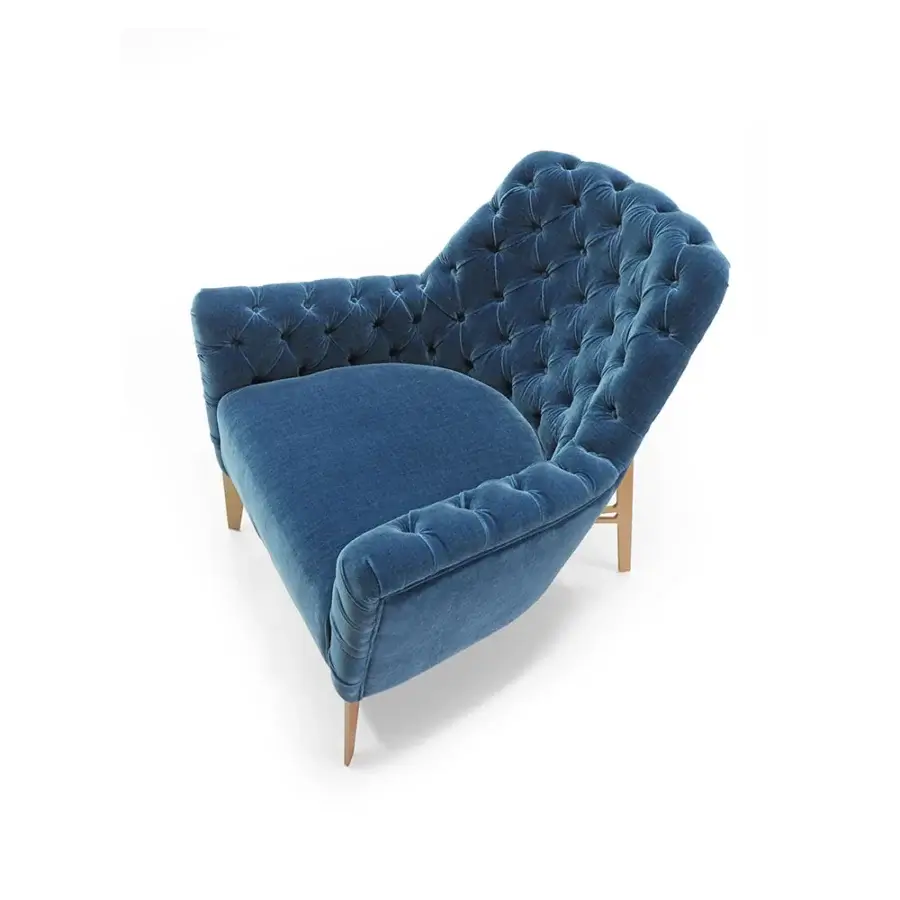 Distinguished Borzalino Eve Capitonnè lounge chair with plush blue velvet upholstery and lacquered oak base
