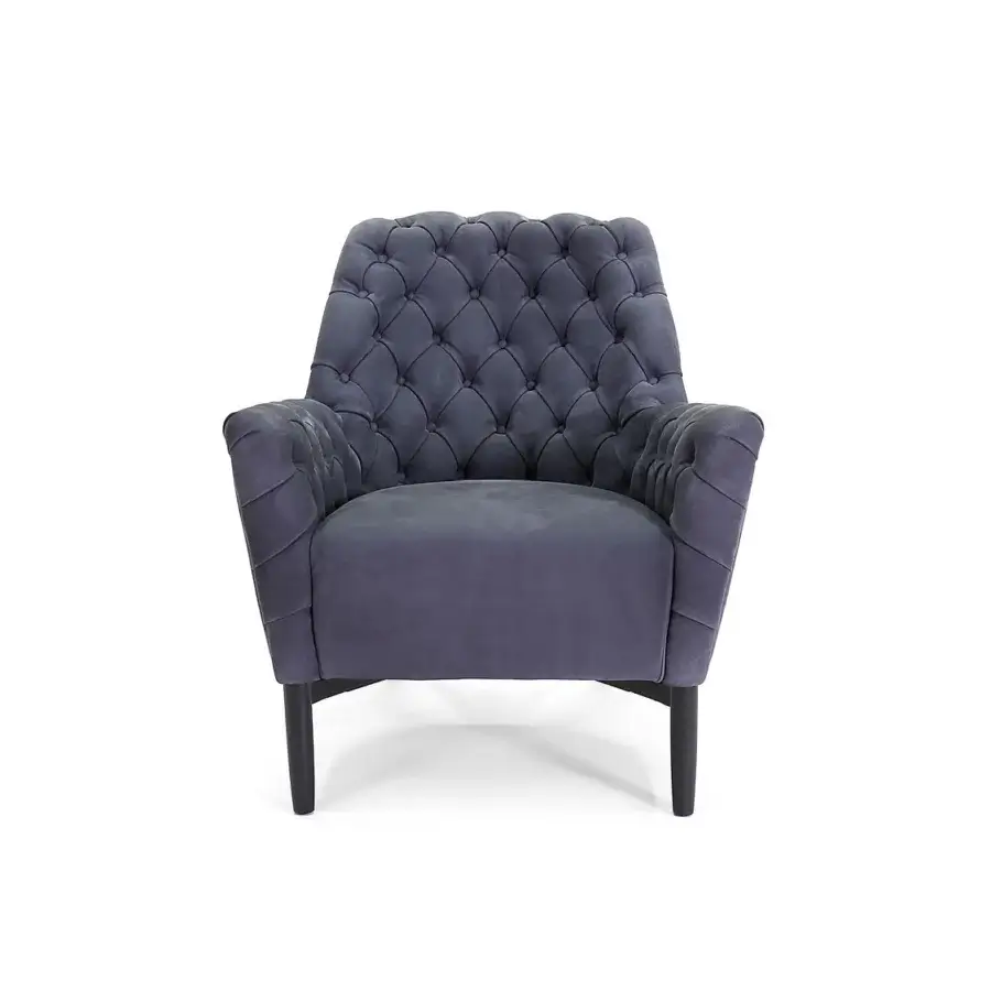 Distinguished Borzalino Eve Capitonnè lounge chair upholstered in dark gray textile with a lacquered dark oak base