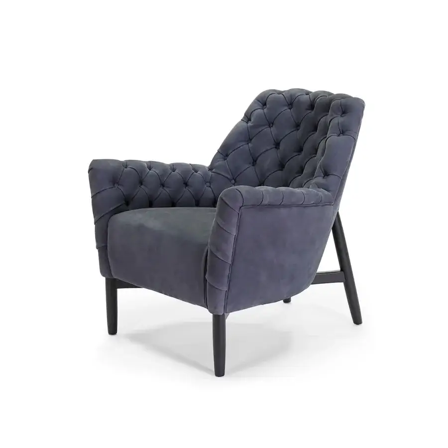 Exceptional Borzalino Eve Capitonnè lounge chair with muted blue-grey velvet upholstery and lacquered oak base crafted with tufted detailing