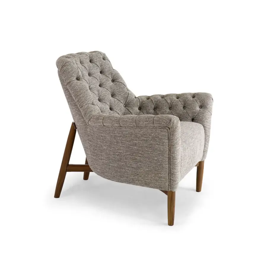 Distinguished Borzalino Eve Capitonnè lounge chair with heathered gray textile and lacquered warm brown oak legs