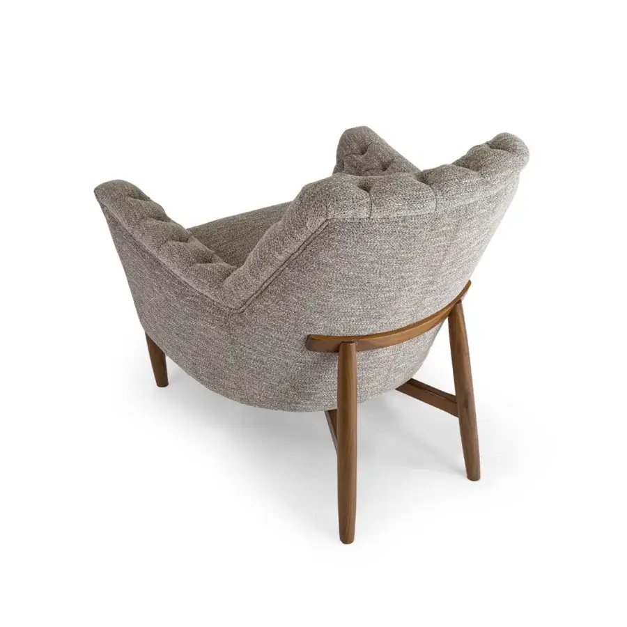 Exclusive Borzalino Eve Capitonnè lounge chair with textured gray-brown fabric and lacquered oak base