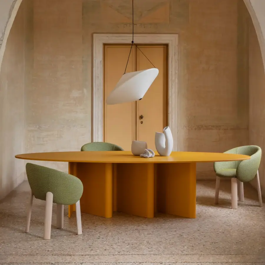 Elegant Miniforms Nebula Wood chair with enveloping design in green and yellow woven textile and smooth matte wooden legs