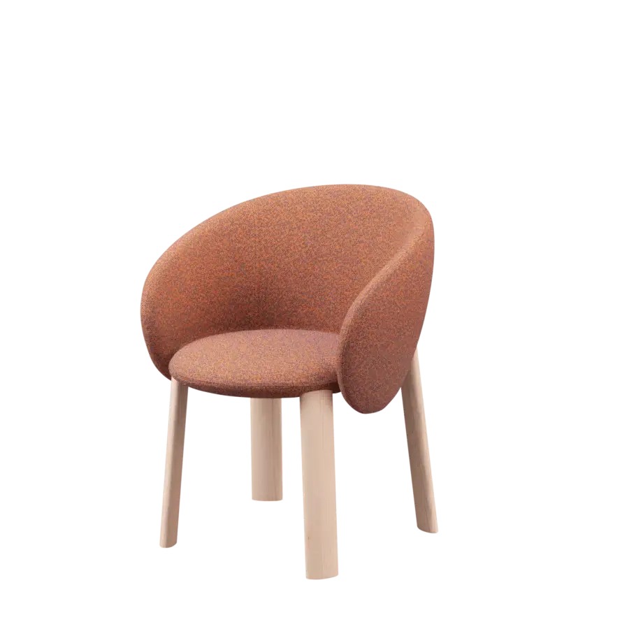 Distinguished Miniforms Nebula Wood chair with enveloping design in mottled orange and brown textile and smooth cylindrical wooden legs