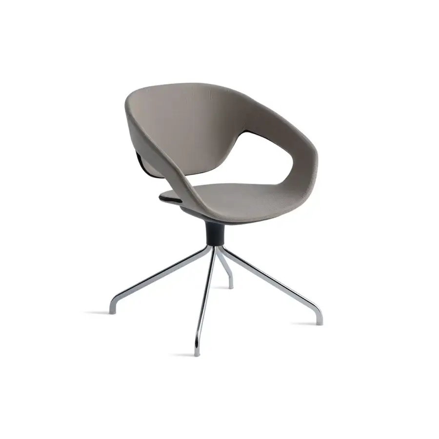 Superior Casamania Vad armchair with organic form upholstered in light beige fabric and shiny metal swiveling base