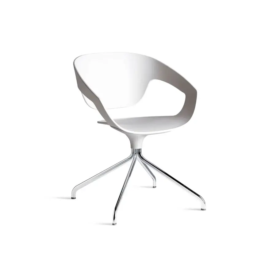 Elegant Casamania Vad armchair with curved reinforced polypropylene body and polished metal swiveling base in a matte white finish