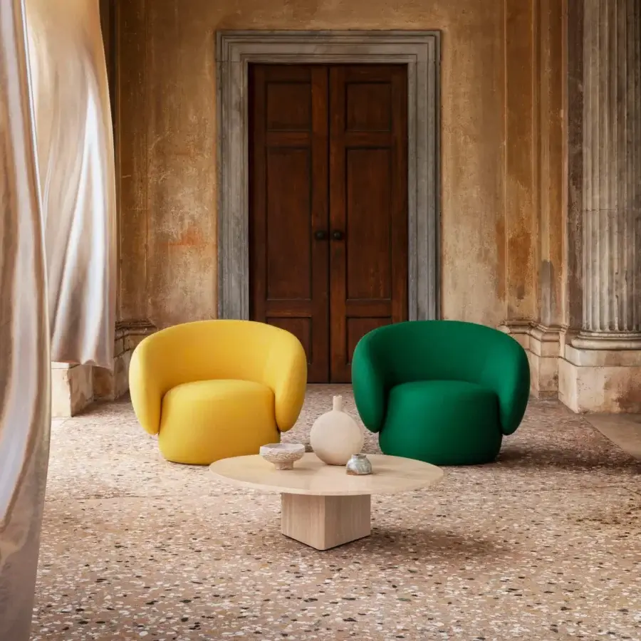 Captivating Miniforms Nebulona lounge chair with drop-shaped armrests and smooth matte yellow textile upholstery