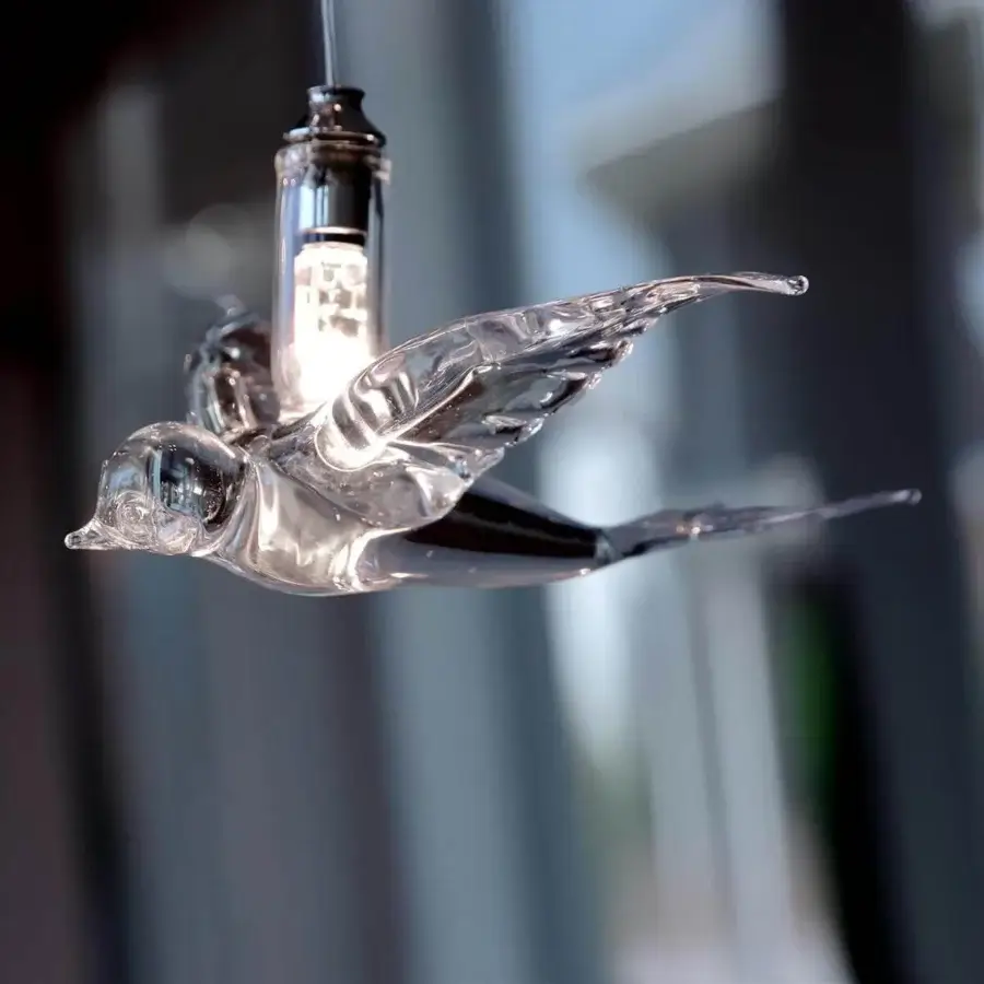 Distinguished Reflex Rondini suspension lamp with clear Murano glass swallow pendants and glossy finish