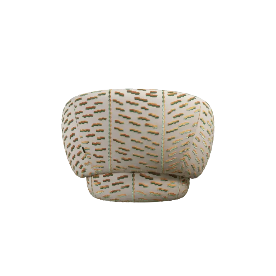 Distinctive Miniforms Nebulona lounge chair with plump seat upholstered in light beige textile patterned with staggered dashes and dotted lines