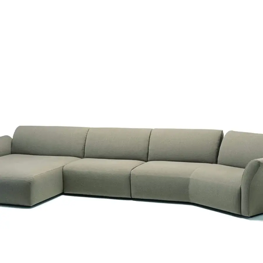 Exceptional Frag Hug sectional with geometric shapes and a curved configuration upholstered in light grayish-brown textile with matte finish