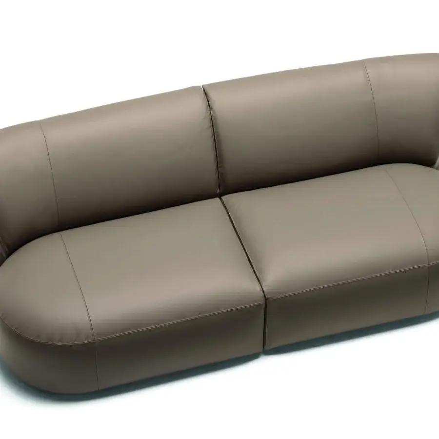 Distinguished Frag Hug sectional with enveloping backrests and botanical curves in smooth grayish-brown synthetic leather with matte finish
