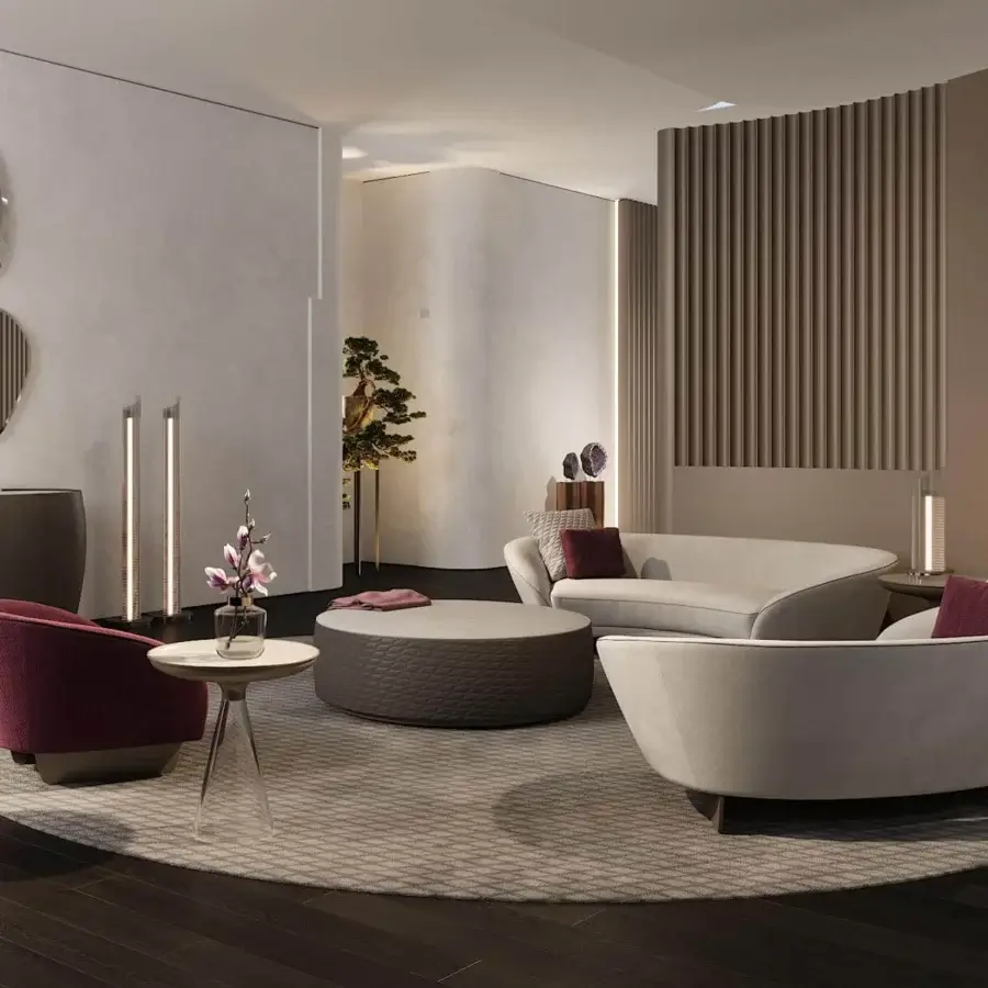 Exceptional Reflex Segno sofa lounge with organically curved form and neutral-toned fabric upholstery built with bronze metal legs