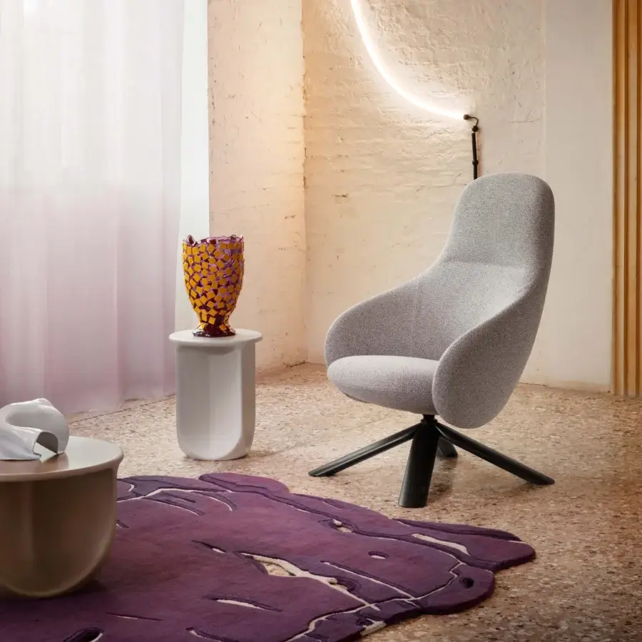 Elegant Miniforms Nebula Wood lounge chair in light gray textile upholstery with sleek black base and uniform finish