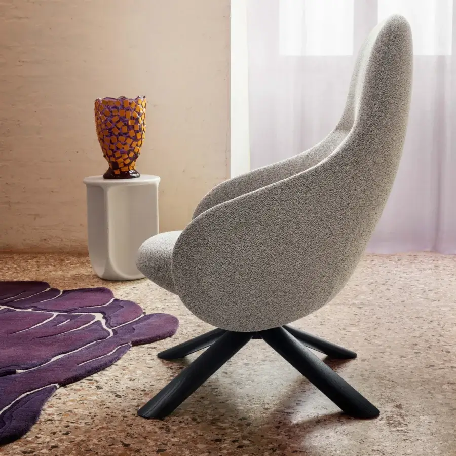 Exceptional Miniforms Nebula Wood lounge chair in light gray textured textile upholstery with dark wood legs
