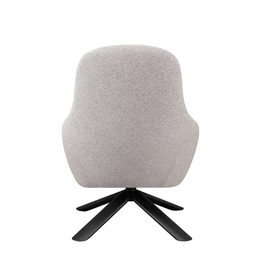 Distinguished Miniforms Nebula Wood lounge chair upholstered in light gray textured textile with dark-toned wood base and unique star-like legs