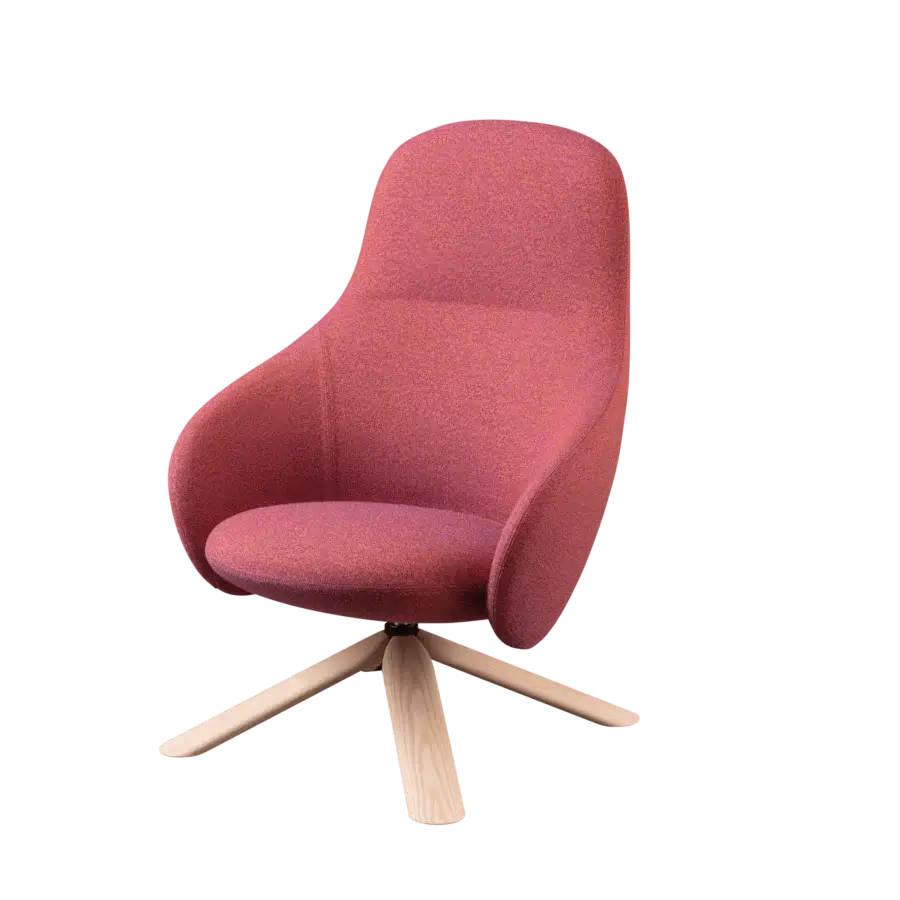 Exceptional Miniforms Nebula Wood lounge chair with reddish-purple textured upholstery and natural wood base