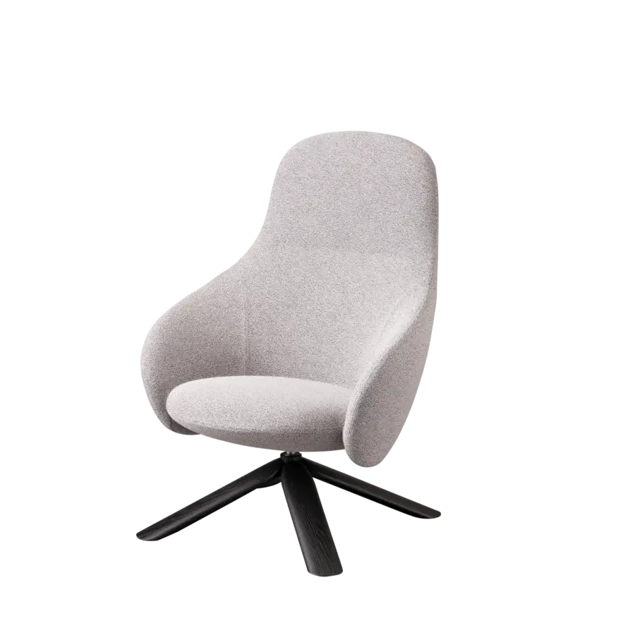 Captivating Miniforms Nebula Wood lounge chair with light gray textured textile upholstery and dark-toned wooden base