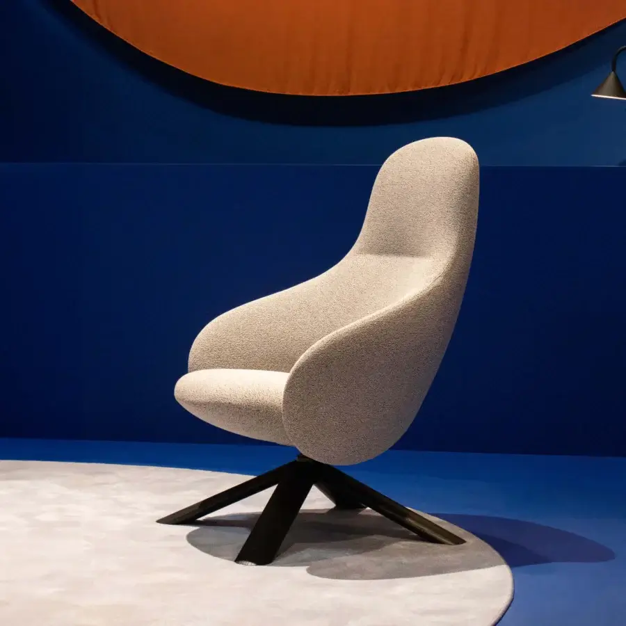 Superior Miniforms Nebula Wood lounge chair with light beige textured textile and dark matte wooden base