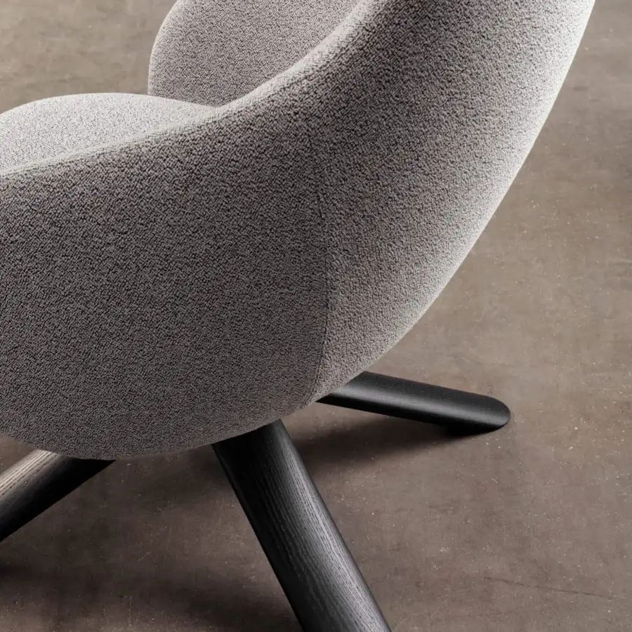 Distinguished Miniforms Nebula Wood lounge chair with textured light gray textile and matte dark-toned wooden base