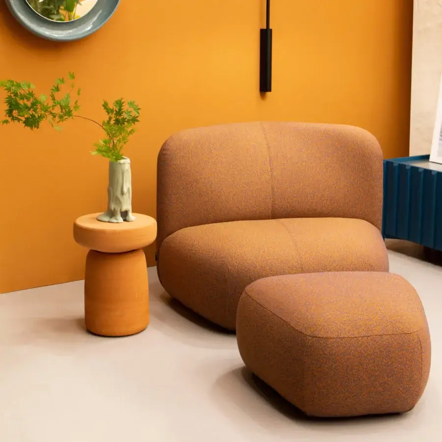 Exceptional Miniforms Botera lounge chair with textured heathered orange and brown textile and rounded form
