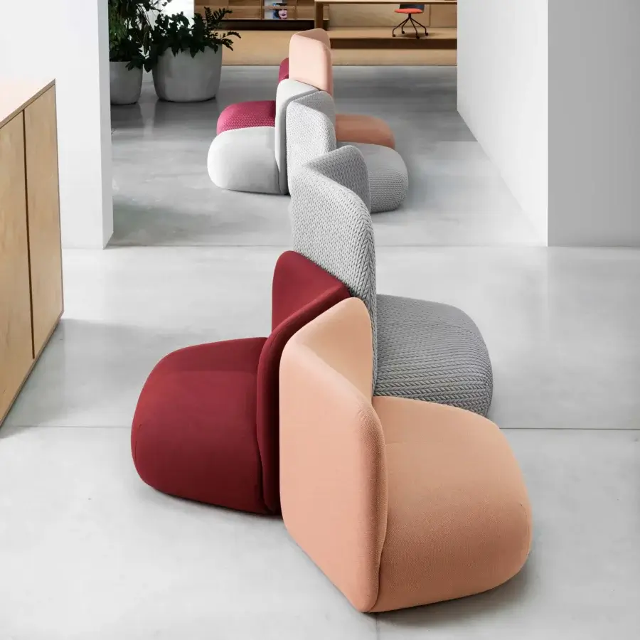 Exceptional Miniforms Botera lounge chair with seamless integration, upholstered in textured peach, grey, and reddish-brown textiles