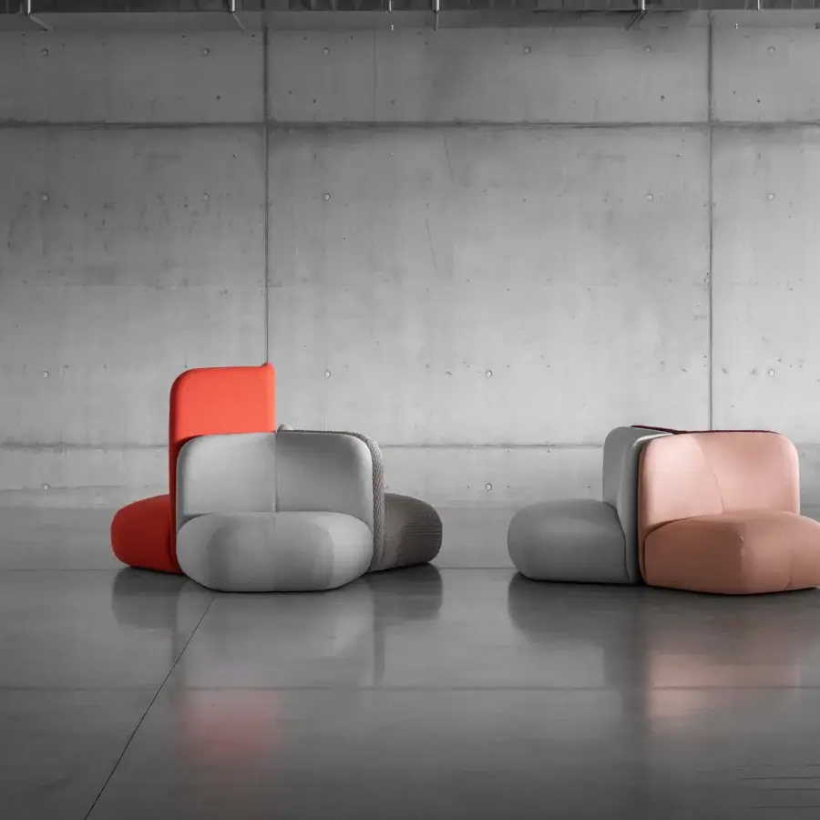 Lavish Miniforms Botera lounge chair with plush foam padding upholstered in light gray textile with matte finish