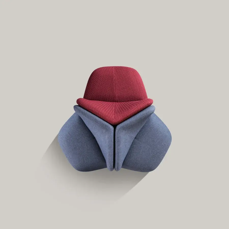 Superior Miniforms Botera lounge chair with four-foam padding upholstered in burgundy knitted textile and smooth blue-grey fabric