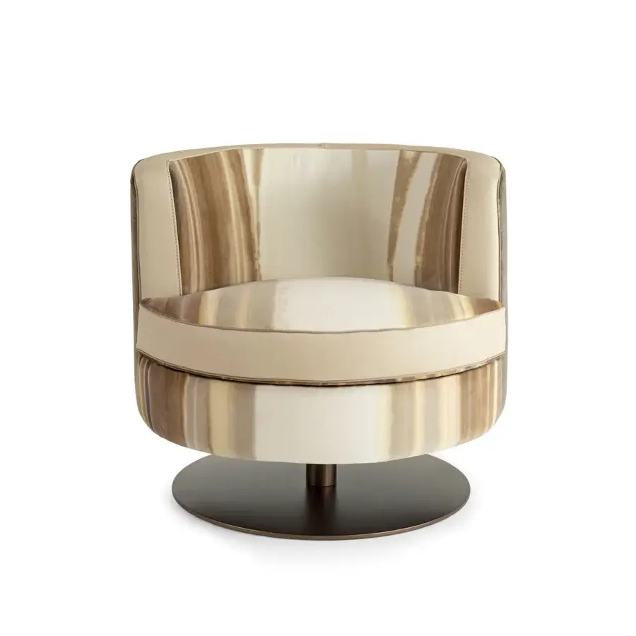 Elegant Borzalino Frisbee lounge chair with striped beige and brown fabric upholstery and smooth finish