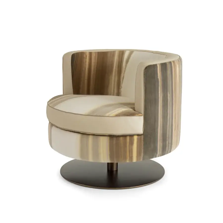 Exceptional Borzalino Frisbee lounge chair with gradient striped beige, brown, and grey fabric upholstery and swivel metal base