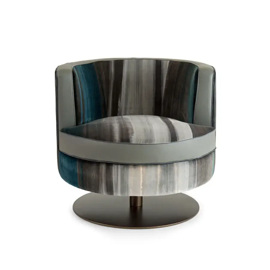 Distinguished Borzalino Frisbee lounge chair with gray, blue, and brown striped fabric upholstery and dark bronze swivel metal base