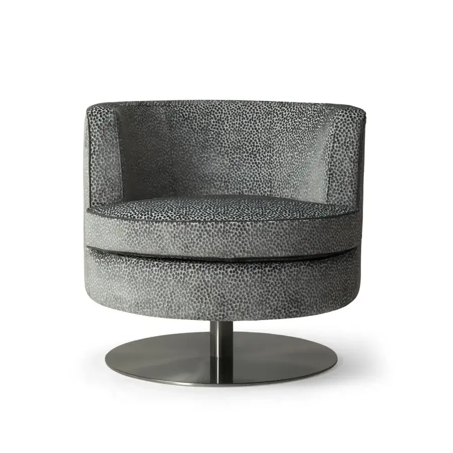 Elegant Borzalino Frisbee lounge chair in subtly textured gray fabric with a sleek metal swivel base
