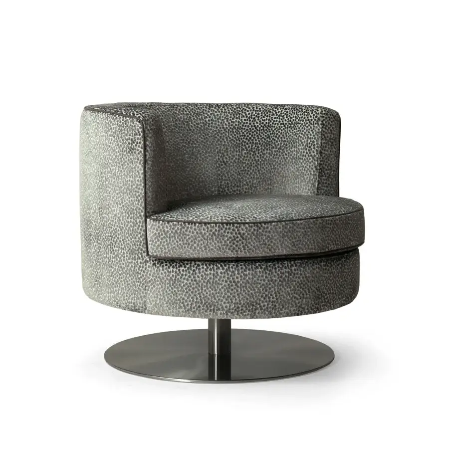 Exceptional Borzalino Frisbee lounge chair in textured grey fabric with contrasting dark grey dots and a metal swivel base