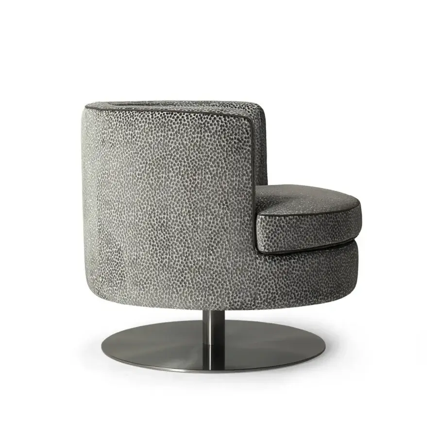 Distinguished Borzalino Frisbee lounge chair in textured gray and off-white fabric with a brushed metal swivel base
