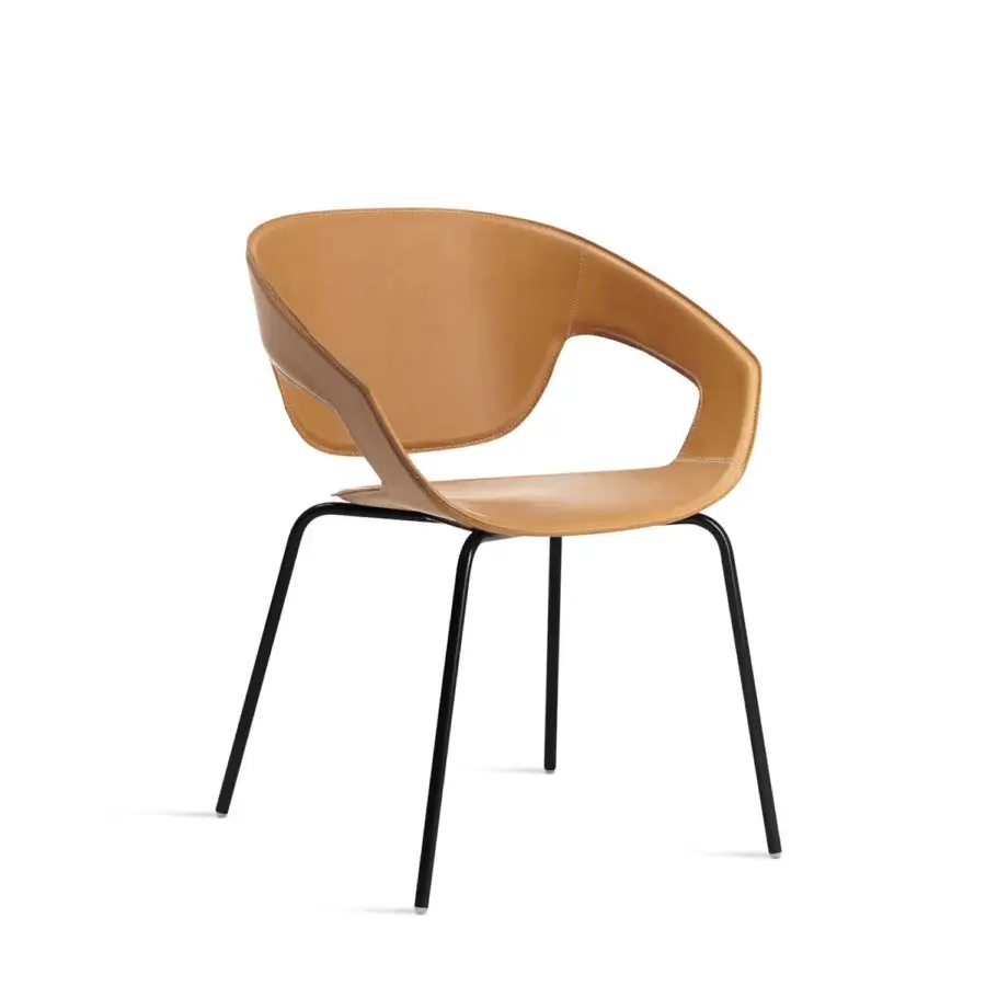 Superior Casamania Vad armchair with tan leather seat and back, complemented by matte black metal legs