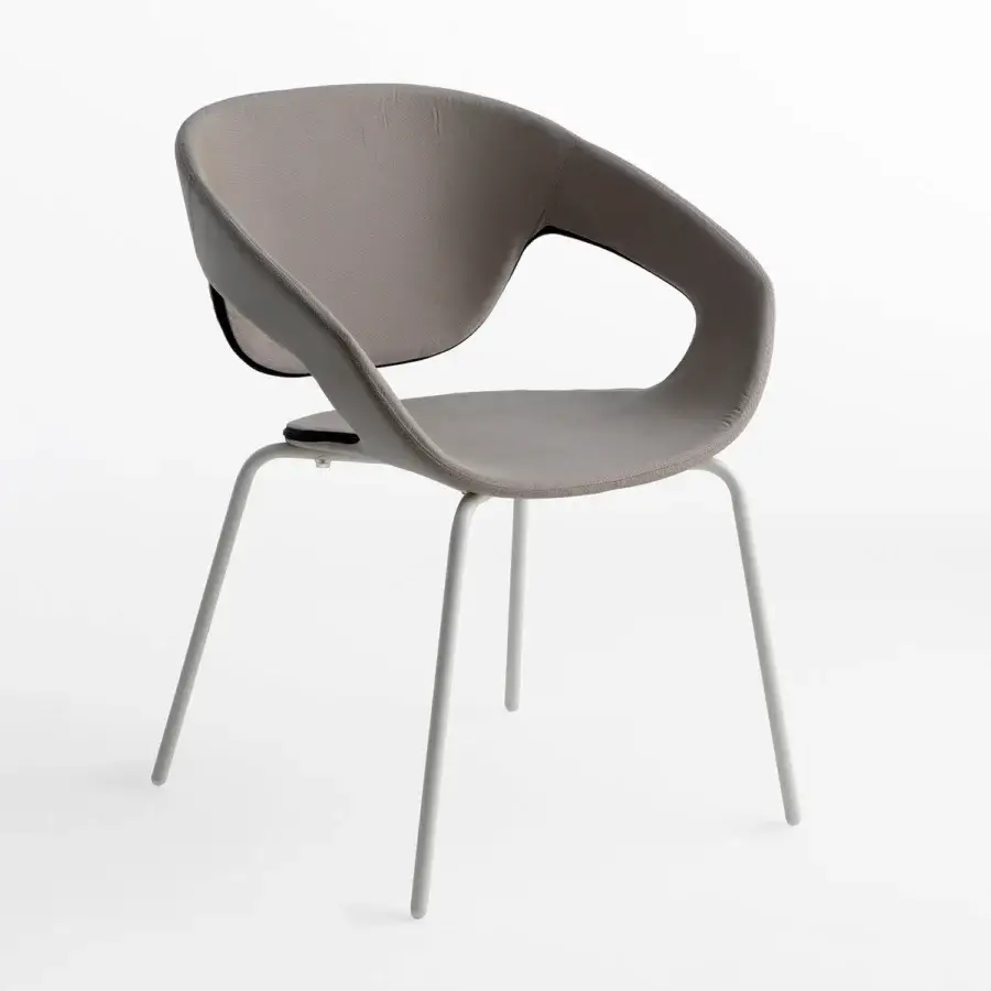 Elegant Casamania Vad armchair with curved gray premium fabric upholstery and matte white metal legs