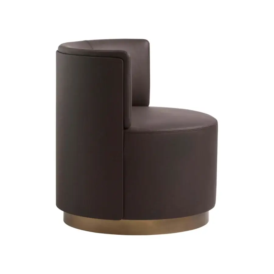 Distinguished Frag Clubby lounge chair with dark brown leather upholstery and cylindrical brass finish base