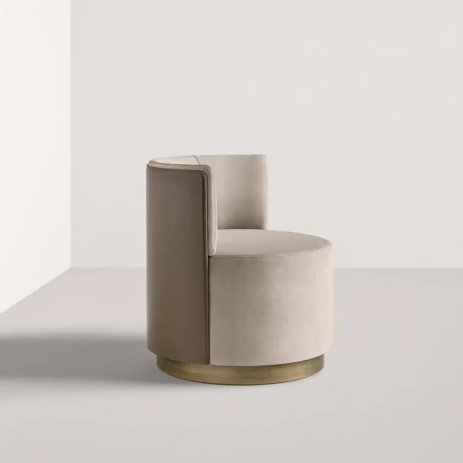 Distinguished Frag Clubby lounge chair crafted in Italy with beige textile and taupe saddle leather upholstery on a smooth wooden base