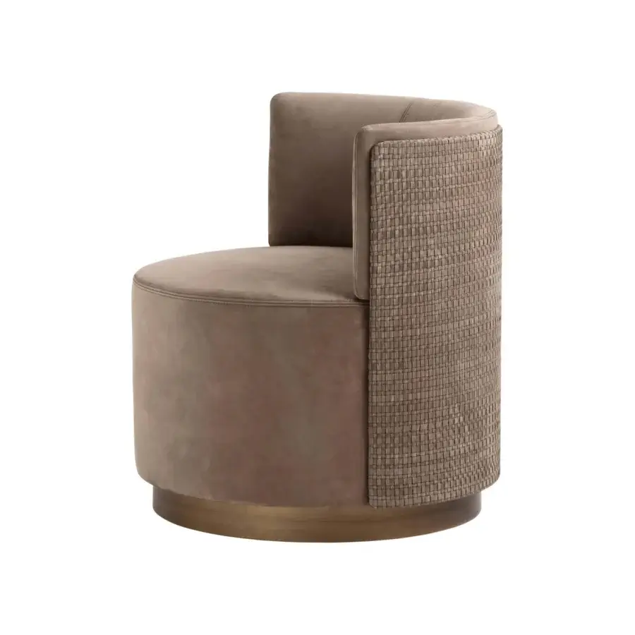 Exceptional Frag Clubby lounge chair built in Italy with taupe textile and woven leather backrest in bronze tones
