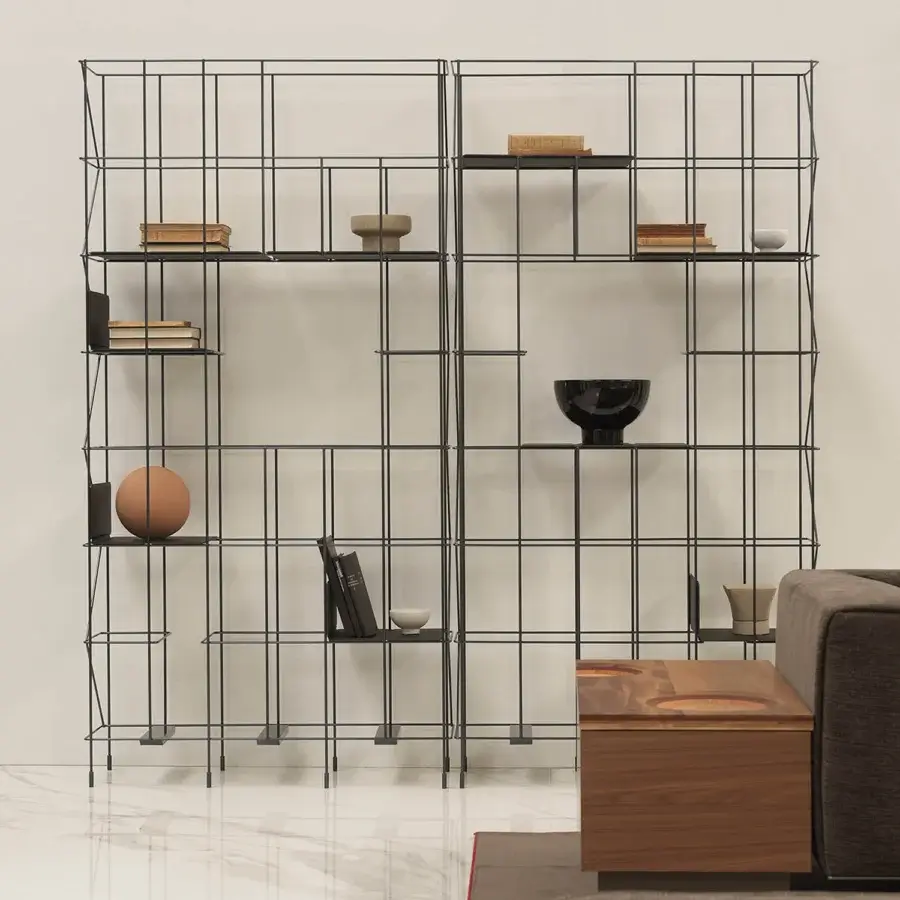 Superior Casamania Network bookcase crafted in matte black metal with customizable faux leather panels