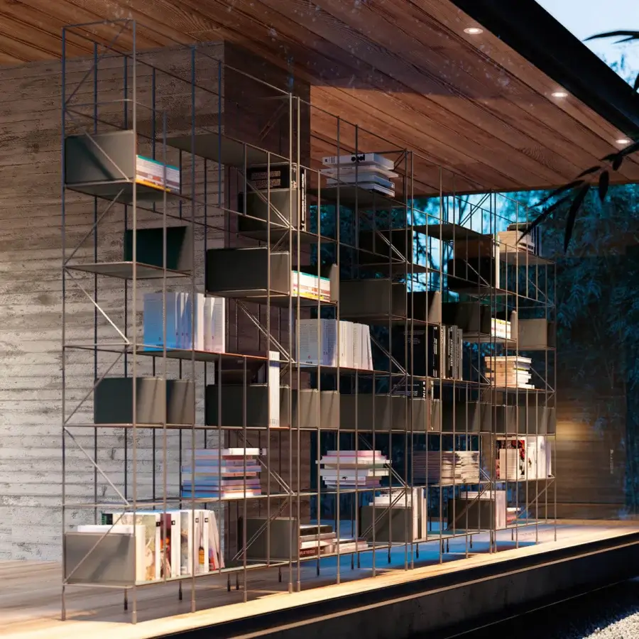 Distinguished Casamania Network bookcase crafted in Italy with a dark gray metal finish and modular open shelving